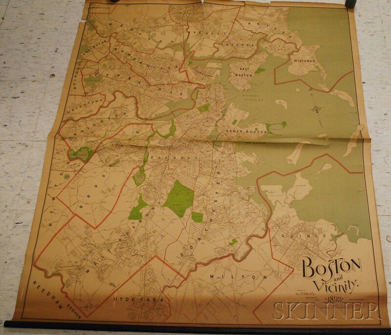 Three Maps of Boston and its Environs (1863-1893),: Three Maps of Boston and its Environs (1863-1893), one with roller detached; all are brittle, flaking, and worn, with discolored varnish.