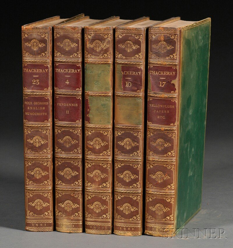 Thackeray, William Makepeace (1811-1863) The Works: Thackeray, William Makepeace (1811-1863) The Works. London: Smith, Elder, & Co., 1901. Twenty-six volume set, gilt tooled green calf, spine of volume one detached, scattered scuffs and shelf wear, los