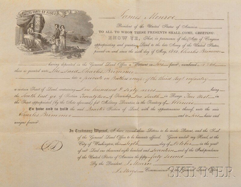 Monroe, James (1758-1831), document, not signed, v: Monroe, James (1758-1831), document, not signed, vellum, 13 3/4 x 9 3/4 in. Land grant for 160 acres of land in the Illinois Territory to Charles Brimmer, 6 May 1817; folds, one hole.