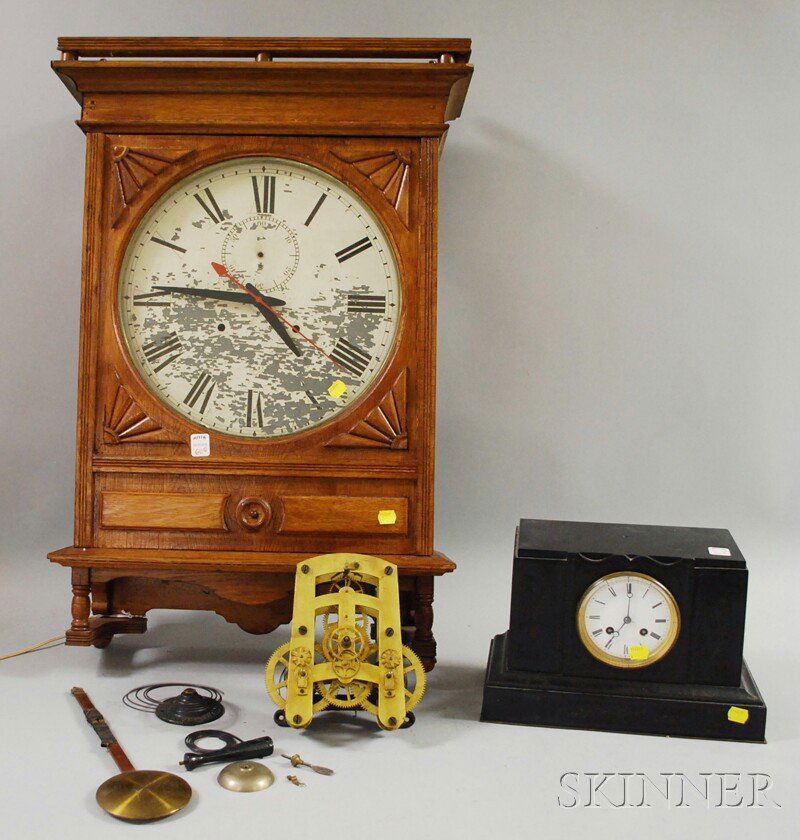 Seth Thomas Oak Wall Clock and French Black Slate: Seth Thomas Oak Wall Clock and French Black Slate Mantel Clock, oak wall clock converted to electric, accompanied with original Seth Thomas brass spring-powered time-only movement ht. 30; mantel clock