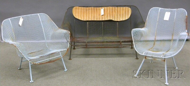 Four-piece Russell Woodard "Sculptura" Painted Wir: Four-piece Russell Woodard "Sculptura" Painted Wire and Iron Patio Seating Group, a settee and three armchairs, back ht. to 32, settee lg. 52 3/4, armchair wd. 27 1/4 to 32 3/4 in.