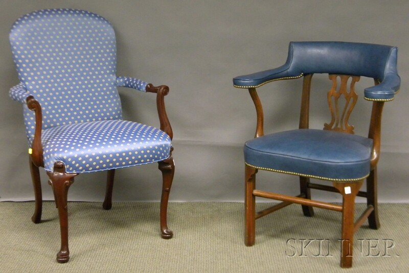 Pair of Southwood Queen Anne-style Upholstered Car: Pair of Southwood Queen Anne-style Upholstered Carved Mahogany Armchairs and a Set of Three Kittinger/Williamsburg Restoration Chippendale-style Blue Leather Upholstered Carved Mahogany Armchairs, (pa