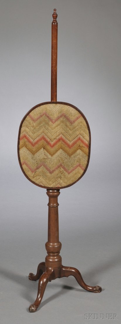 Georgian-style Mahogany and Needlepoint Fire Scree: Georgian-style Mahogany and Needlepoint Fire Screen, England, 19th century, with turned finial and oval panel with adjustable height, on tripod base with claw-and-ball feet, ht. 53 1/2 in.