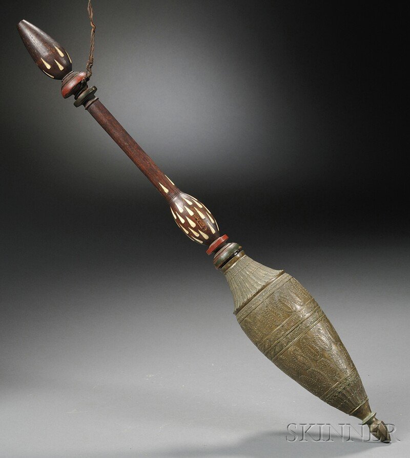 Ceremonial Staff, Middle Eastern, 19th/20th centur: Ceremonial Staff, Middle Eastern, 19th/20th century, the top part metal, of conical shape with palmetto leaves in relief, the bottom portion wood with ivory inlay, lg. 27 1/8 in.