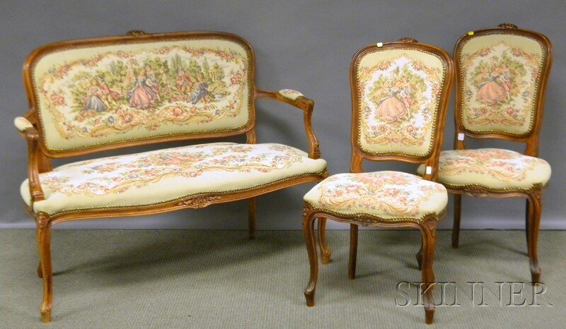 Three-piece Louis XV-style Tapestry-style Upholste: Three-piece Louis XV-style Tapestry-style Upholstered Carved Beechwood Parlor Set, a settee and a pair of side chairs.