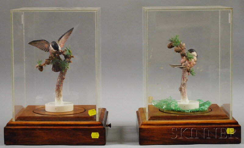 Pair of Dorothy Doughty for Royal Worcester Bone C: Pair of Dorothy Doughty for Royal Worcester Bone China "Chickadees and Larch" Figures, both approx. 9 1/2, each mounted on rotating wood bases, total ht. 15 3/4, wd. 10, dp. 11 in.