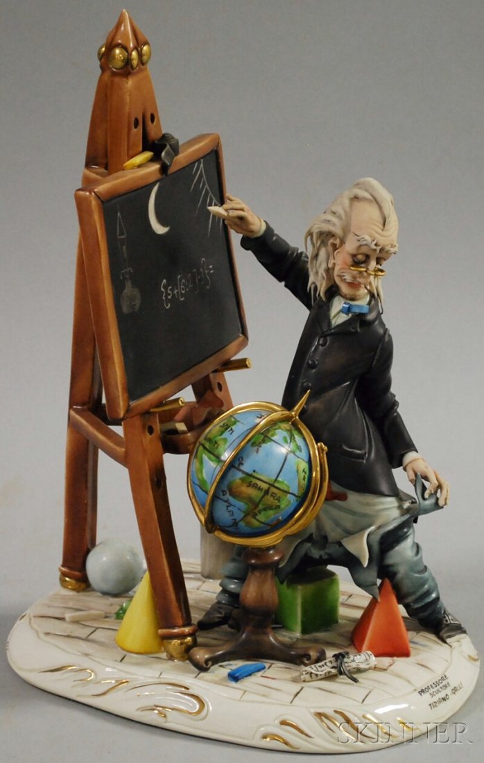 Tiziano Galli Contemporary Italian Capodimonte Cer: Tiziano Galli Contemporary Italian Capodimonte Ceramic Sculpture of a Professor, with underglazed blue N with crown mark and maker identification to base, the absent-minded-type professor studying a g