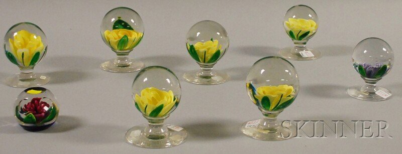 Eight Pairpoint Floral Art Glass Paperweights, mos: Eight Pairpoint Floral Art Glass Paperweights, mostly 1972-73, including seven pedestal rose paperweights and one with faceted sides, (good condition), ht. to 4 3/4 in.