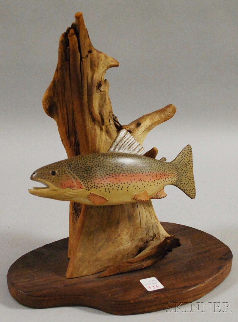 C. Hopkins Carved and Painted Wood Rainbow Trout F: C. Hopkins Carved and Painted Wood Rainbow Trout Figural Group, Amherst, New Hampshire, signed, ht. 14 1/4 in.