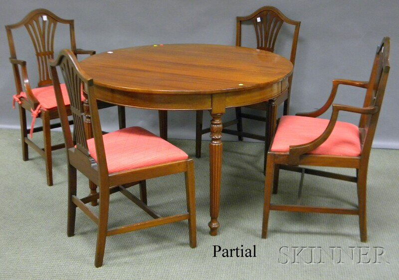 Federal-style Circular Carved Mahogany Dining Tab: Federal-style Circular Carved Mahogany Dining Table with a Set of Eight Inlaid Mahogany Dining Chairs, the table with one original leaf and a custom oversized leaf, six side chairs and two armchairs,
