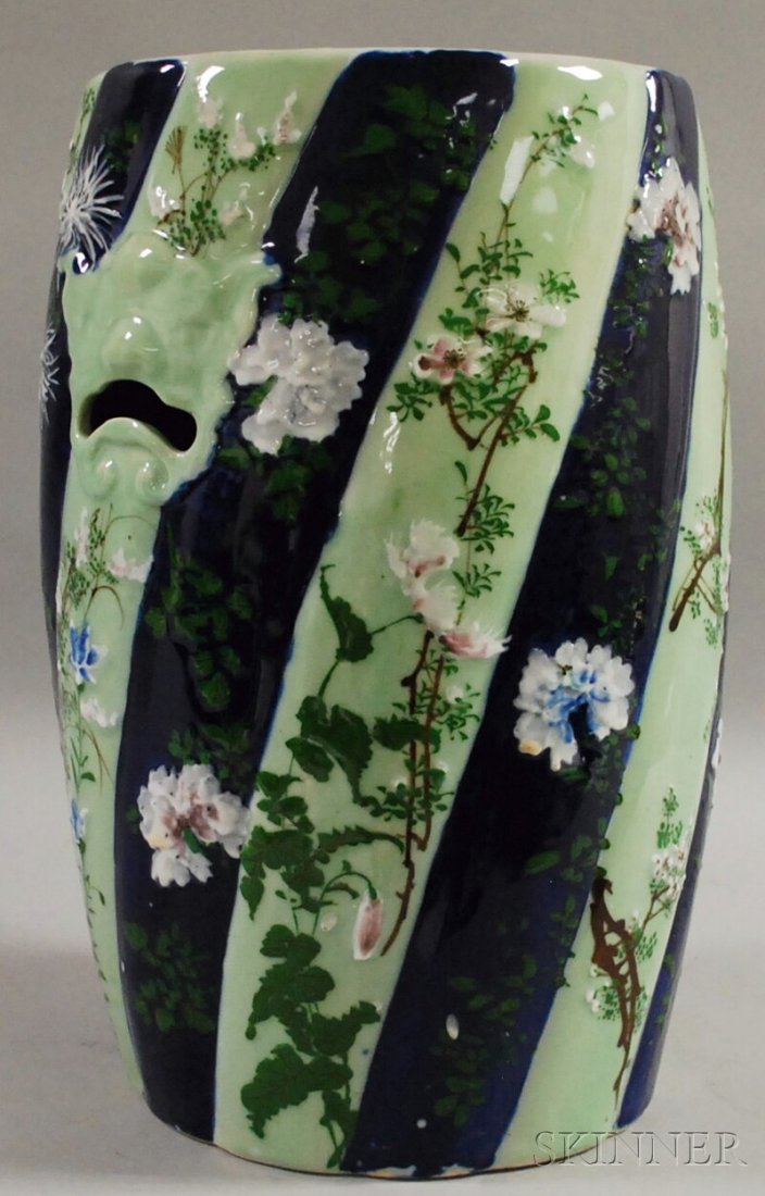 Asian Export Enamel-decorated Celadon-and Cobalt-: Asian Export Enamel-decorated Celadon-and Cobalt-glazed Porcelain Barrel-form Garden Seat, ht. 19 1/4 in.
