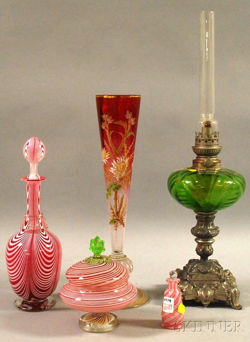 Five Assorted Late Victorian and Assorted Art Gla: Five Assorted Late Victorian and Assorted Art Glass Table Items, a Victorian gilt and enamel floral-decorated colored glass footed trumpet vase, a decanter, covered jar, perfume, and a silver-plated a