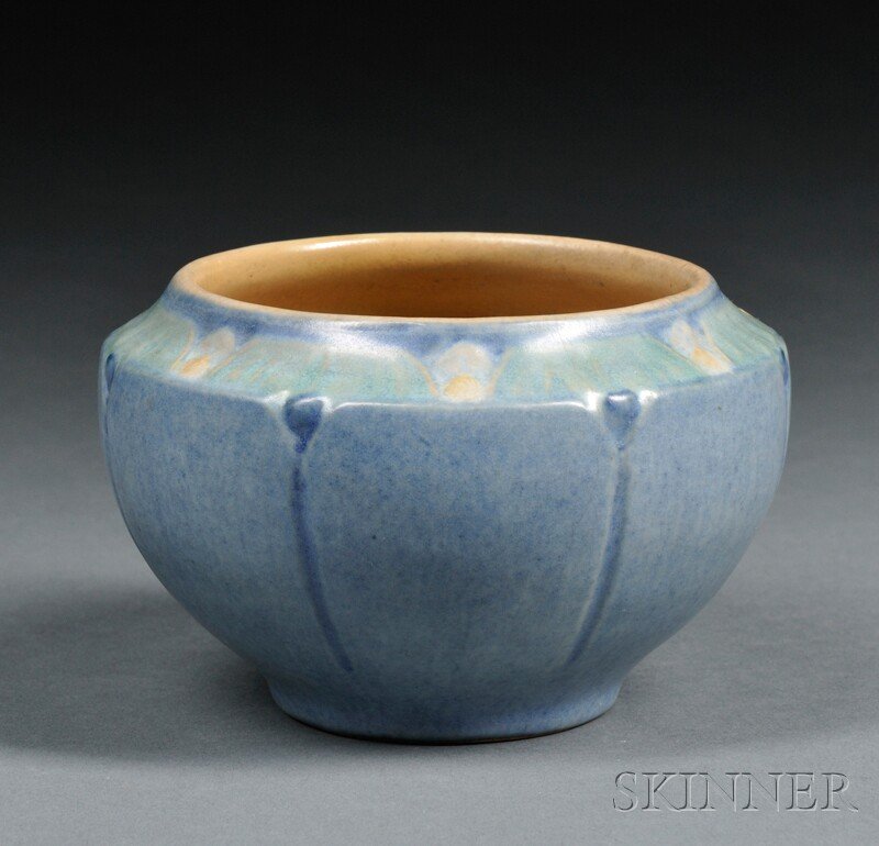 , Newcomb Pottery Decorated Vase, Art pottery, Decor: Newcomb Pottery Decorated Vase Art pottery New Orleans, Louisiana Decorated shoulder on blue body with incised trailing darker blue stems, marked Nc ON 45, and M for the potter Joseph Meyer, ht. 2 3/4