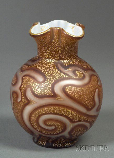 , Mother-of-pearl Federzeichnung Glass Vase, Art N: Mother-of-pearl Federzeichnung Glass Vase Art Nouveau art glass Germany, 1875-1925 Quatrefoil raised rim on round body of brown pearl satin, internally decorated and with applied conforming gilt trace