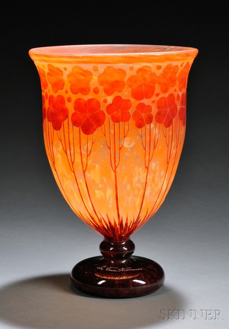 , Le Verre Francais Cardimine Cameo Glass Vase, Ar: Le Verre Francais Cardimine Cameo Glass Vase Art glass Designed by Charles Schneider, France, c. 1925-27 Wide mouth on goblet-form body cameo decorated with land cress in deep orange on a mottled oran