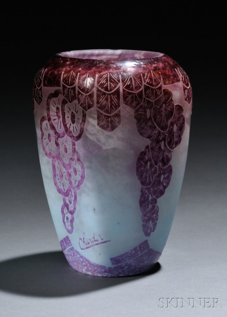 , Le Verre Francais Lavande Vase, Art glass, Wide: Le Verre Francais Lavande Vase Art glass Designed by Charles Schneider, c. 1927 Wide mouth vase cameo decorated with stylized lavender flowers and geometric devices on a mottled white ground, signed C