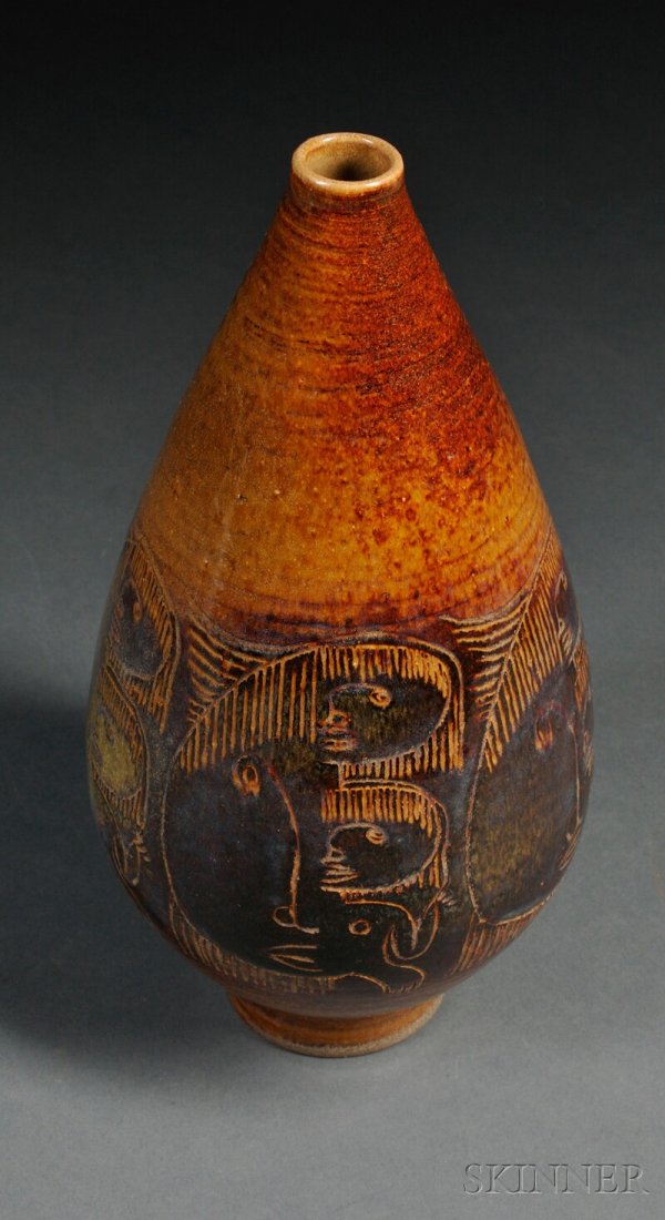 , Edwin and Mary Scheier Pottery Vase, Decorated e: Edwin and Mary Scheier Pottery Vase Decorated earthenware New Hampshire, mid-20th century Narrow mouth on swollen form with a band of sgraffito figures in mottled red-brown, tan, purple, and green glo