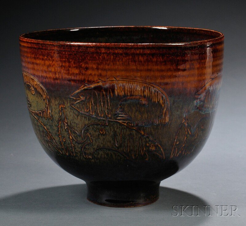 , Edwin and Mary Scheier Pottery Bowl, Decorated e: Edwin and Mary Scheier Pottery Bowl Decorated earthenware New Hampshire, mid-20th century Deep round footed bowl with a band of sgraffito figures, interior and exterior in mottled red-brown, tan, and