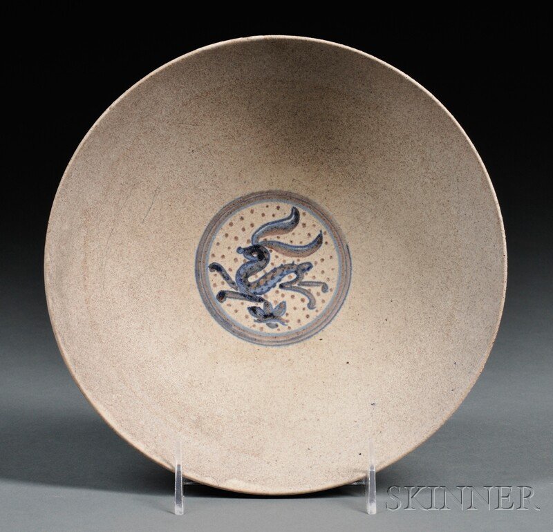 , Edwin and Mary Scheier Bowl, Decorated earthenwa: Edwin and Mary Scheier Bowl Decorated earthenware New Hampshire, mid-20th century Gray glaze with leaping animal medallion in center in blue, some glaze wear, marked Scheier on base, dia. 8 3/4 in.