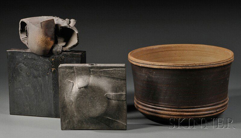 , Three William Wyman Studio Vessels, Earthenware,: Three William Wyman Studio Vessels Earthenware East Weymouth, Massachusetts, 1922-80 Large cylindrical form in brown-black glaze with WW stamp at base, square vessel in dark gray textured glaze with r