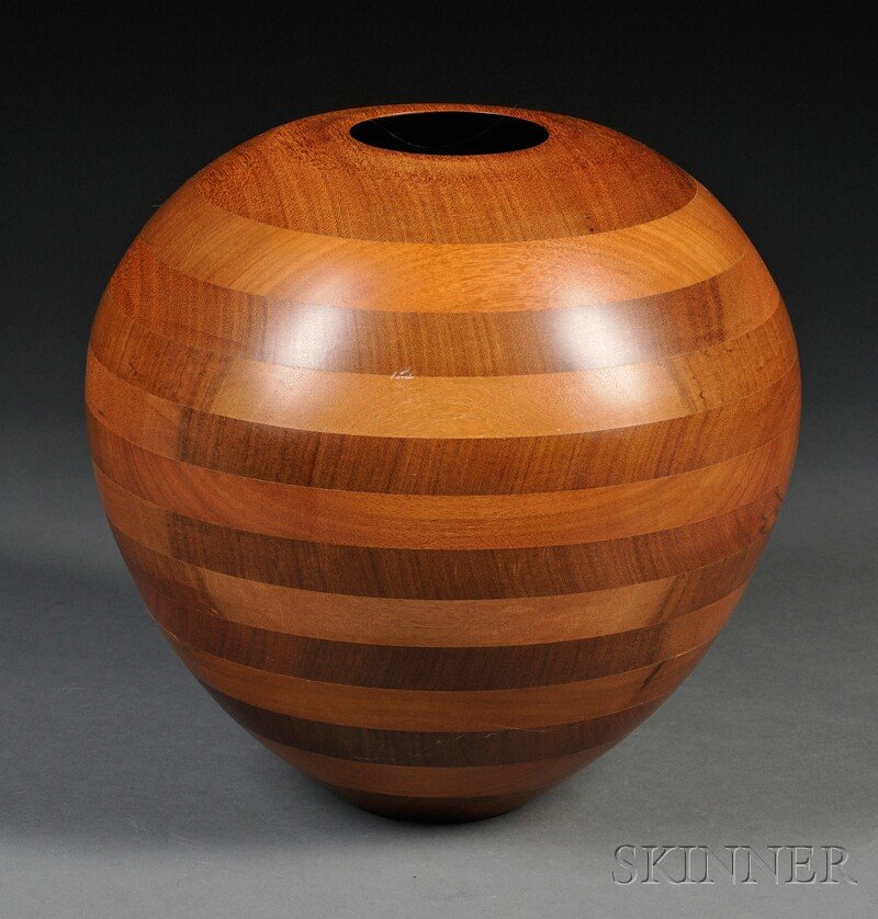 , Robert St. Pierre Crafted Wood Vessel, Shedua (b: Robert St. Pierre Crafted Wood Vessel Shedua (benge) Guibourtia arnoldiana North Carolina Vasiform body with concentric bands, inscribed Robert St. Pierre, numbered 646 Shedua, ht. 11 1/4 in.