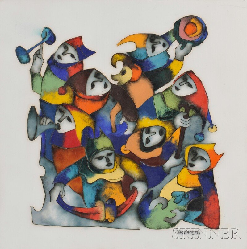 , Joseph Trippetti (American, b. 1923) Cloisonne P: Joseph Trippetti (American, b. 1923) Cloisonne Plaque Enamel, silver Silver cloisonne enamel depicting a group of jesters, mounted on a mat, signed l.r., dia. of plaque 10, frame 15 3/4 in.