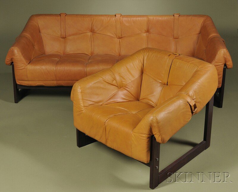 , Percival Lafer Sofa and Chair, Brazilian rosewoo: Percival Lafer Sofa and Chair Brazilian rosewood and leather Lafer Furniture, Sao Paulo, Brazil, 1970s Caramel-orange molded leather cushions, leather strap supports on square rosewood frame with wood