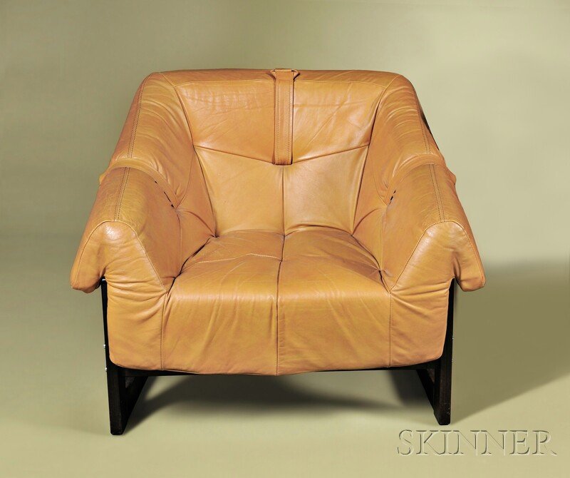 , Percival Lafer Chair, Brazilian rosewood and lea: Percival Lafer Chair Brazilian rosewood and leather Lafer Furniture, San Paulo, Brazil, 1970s Caramel-orange molded leather cushions, leather strap supports on square rosewood frame with wooden peg de