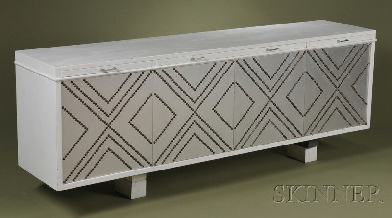 , Wall Hanging Credenza, Possibly Milo Baughman, P: Wall Hanging Credenza, Possibly Milo Baughman Painted wood and metal United States Rectangular top with three pull-out surfaces over center cabinet flanked by side cabinets, case painted white with st
