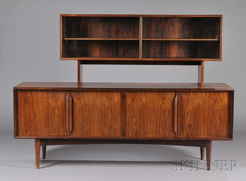 , Mid-Century Modern Danish Hutch over Credenza, R: Mid-Century Modern Danish Hutch over Credenza Rosewood veneers Denmark Rectangular four compartment hutch with two glass doors raised on horizontal bar shaped ends centered and set back on larger rect