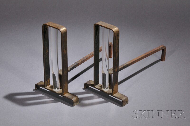 , Pair of Andirons, Brass and plastic, Rectangular: Pair of Andirons Brass and plastic 1960s Rectangular frame centering a clear plastic column on horizontal bar foot, ht. 14 1/2, dp. 19 1/2 in.