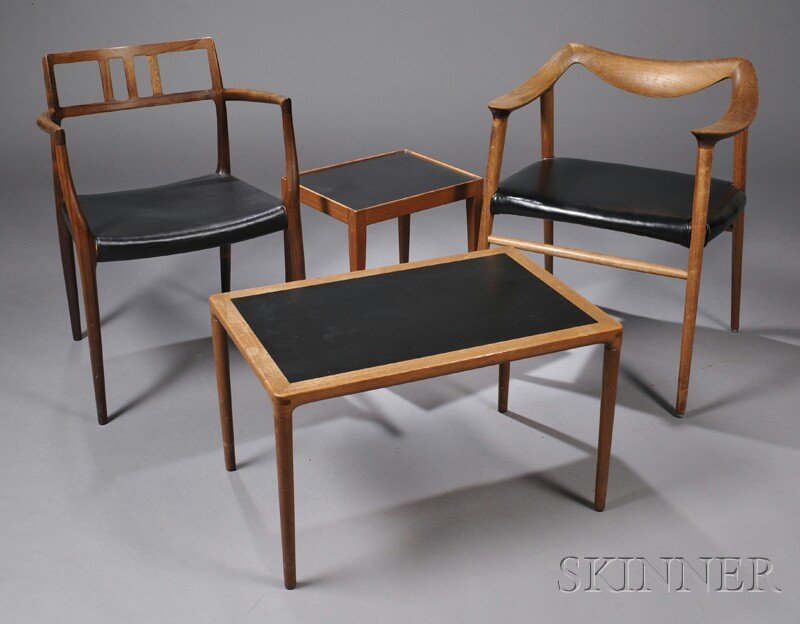 , Two Scandinavian Design Armchairs and Two Occasi: Two Scandinavian Design Armchairs and Two Occasional Tables Mid to late 20th century J.L. Moller rosewood armchair with black upholstery, ht. 31; teak armchair with seat rail continuing to arms, ht. 2