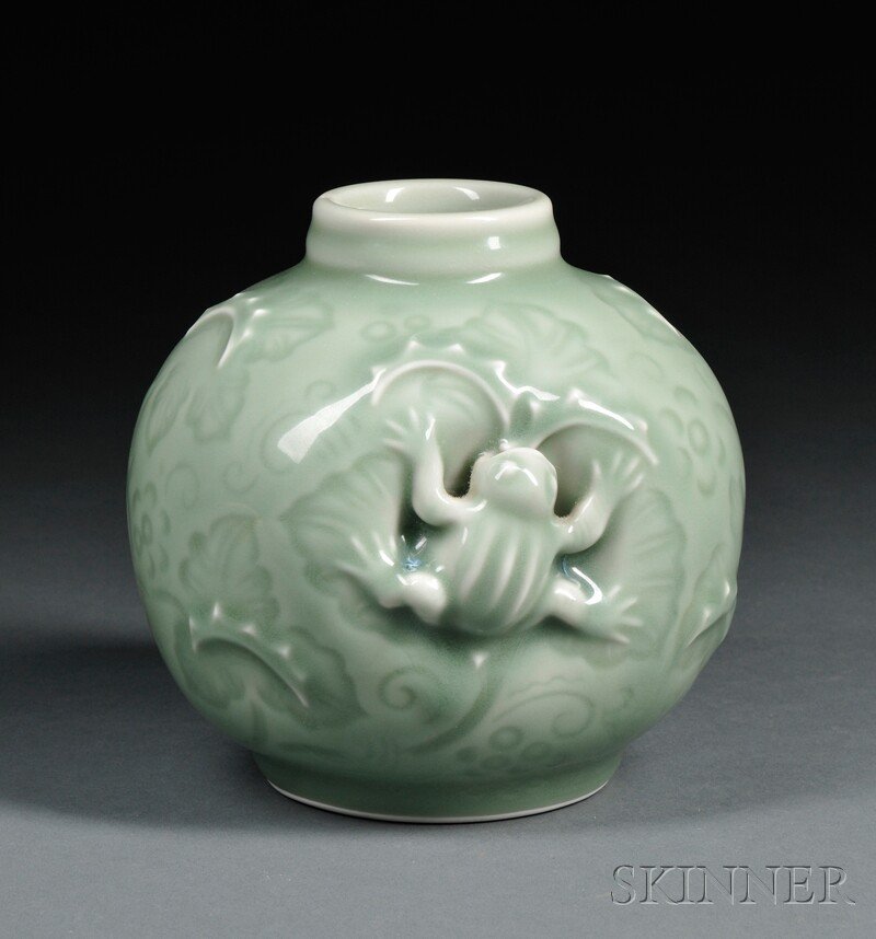 , Hans Hansen for Royal Copenhagen Vase, Art potte: Hans Hansen for Royal Copenhagen Vase Art pottery Denmark, 1937 Spherical body in celadon glaze with impressed floral decoration and frog figure in relief at one side, with Royal Copenhagen stamp in g