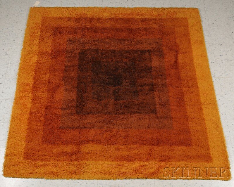 , Verner Panton Area Rug, Wool, Square piled rug i: Verner Panton Area Rug Wool England, mid-20th century Square piled rug in a composition of five squares in a gradient of rust to orange, label on reverse, wd. approx. 97 1/2 in.