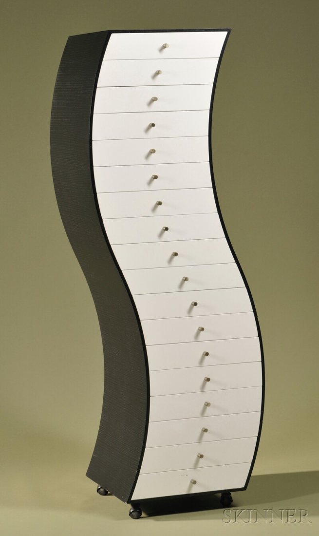 , Shiro Kuramata (1934-1991) Chest of Drawers PC3,: Shiro Kuramata (1934-1991) Chest of Drawers PC3 Black-stained ash, matte white lacquer, and brushed steel Design date 1970, retailed by Cappellini International Interior, Paris, France Ash frame with