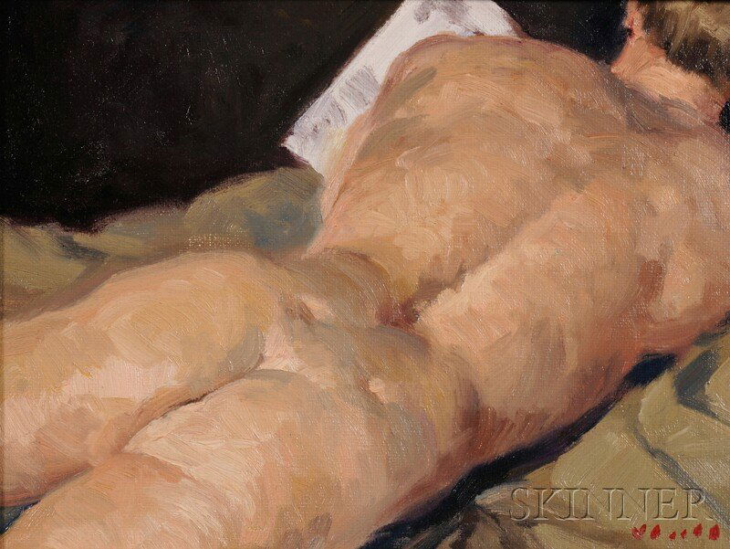 Gregory Hull (American, b. 1950), Nude Reading, Si: Gregory Hull (American, b. 1950) Nude Reading Signed "Hull" l.r., titled on the frame reverse. Oil on panel, 9 x 12 in., framed. Condition: Good.