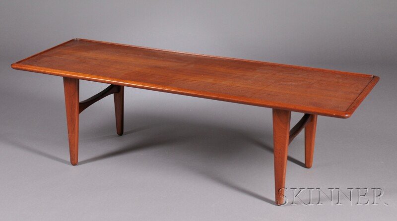 , Mid-Century Modern Coffee Table, Teak, Rectangul: Mid-Century Modern Coffee Table Teak Denmark, mid-20th century Rectangular top with lip edge, shaped side stretchers, ht. 19, wd. 63 1/4, dp. 22 1/4 in.