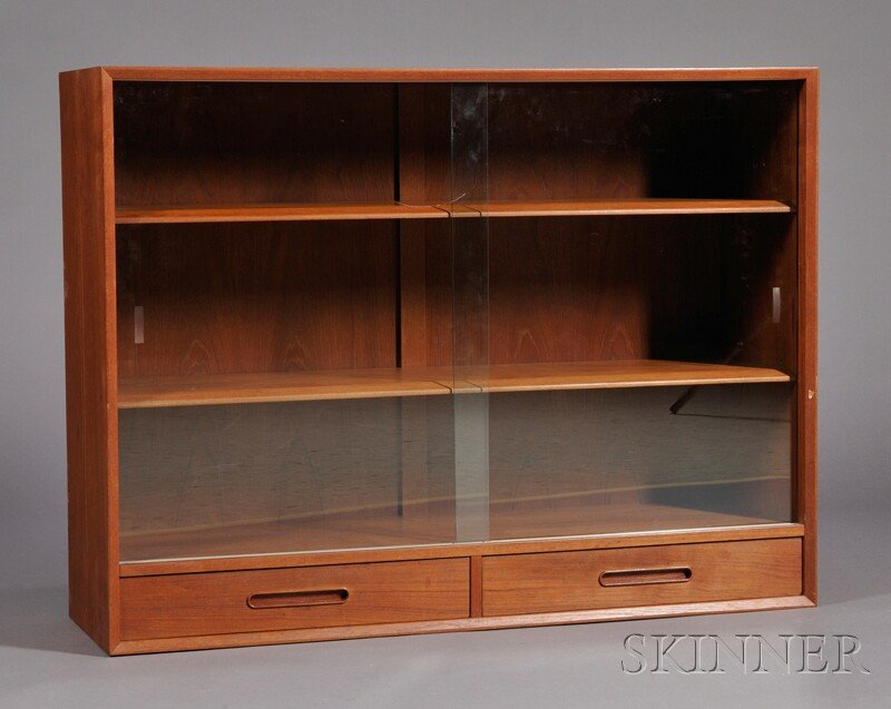 , Mid-Century Modern Wall Cabinet, Teak, Wall unit: Mid-Century Modern Wall Cabinet Teak Wall unit or could sit on a credenza rectangular top over two shelves with glass doors and two half lower drawers, two angle brackets mounted to top, ht. 36 1/4, w