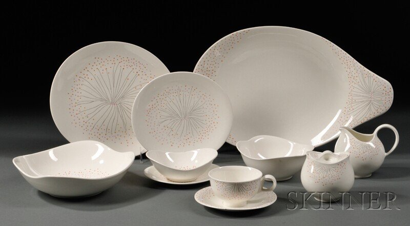 , Ninety-two Pieces of Hallcraft Dinnerware in the: Ninety-two Pieces of Hallcraft Dinnerware in the Dawn Pattern Porcelain Design by Eva Zeisel, pattern by Charles Seliger, 1952 Twelve each: salad plates, bread and butter plates, cereal bowls, dessert
