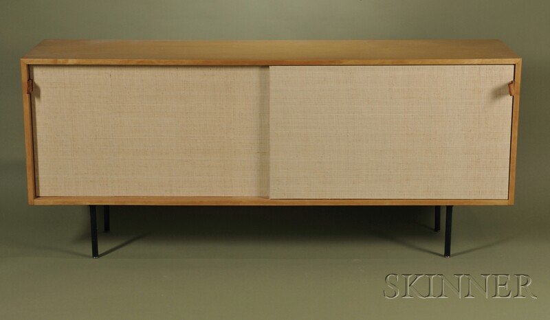 , Mid-Century Modern Credenza, Hardwood veneer, Re: Mid-Century Modern Credenza Hardwood veneer Rectangular top with two sliding doors covered in natural fiber with leather hand pulls, interior fitted with six drawers raised on four cylindrical legs, s