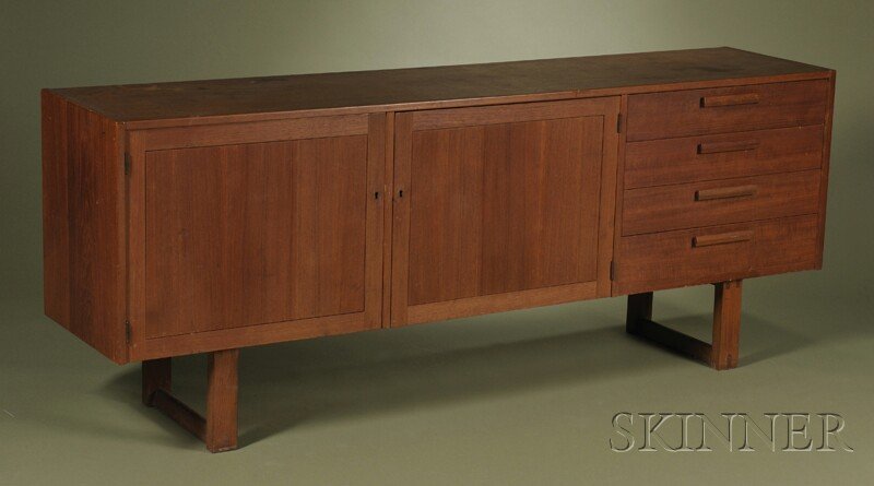 , Mid-Century Modern Credenza, Teak veneers, Recta: Mid-Century Modern Credenza Teak veneers Rectangular top over two cabinet doors flanked by a bank of four drawers, raised on rectangular base frame, top stains, ht. 29 1/2, lg. 74 7/8, dp. 16 3/4 in.