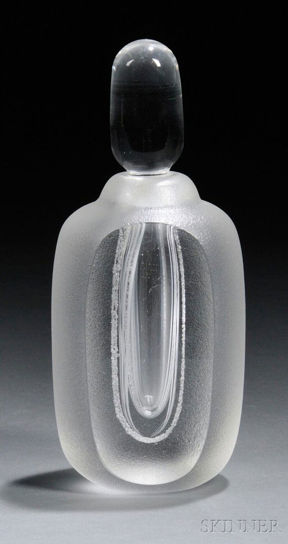 , Goran Warff for Kosta Perfume Bottle, Art glass,: Goran Warff for Kosta Perfume Bottle Art glass Sweden Ovoid body in frosted glass with one faceted side exposing narrow hollowed interior, clear glass stopper, incised on base Kosta Atelje G. Warff 82