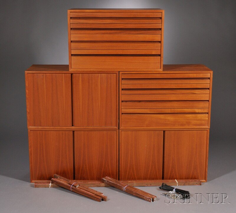 , Mid-Century Modern Wall Storage, Teak veneers, C: Mid-Century Modern Wall Storage Teak veneers Comprised of two rectangular cabinets with three drawers, and three rectangular cabinets with double doors, interior fitted with shelving, eight boards ser