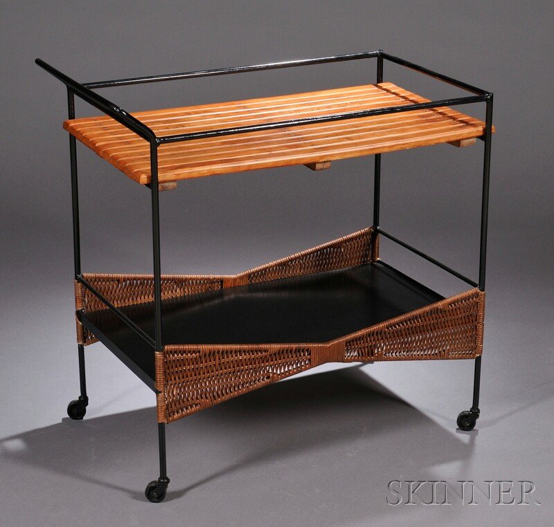, Paul McCobb/Arthur Umanoff for Raymor Cart, Wood: Paul McCobb/Arthur Umanoff for Raymor Cart Wood, metal, and fiber Mid-20th century Rectangular form with black wire rod frame, wood slat top surface over black lower shelf finished at side in a natura