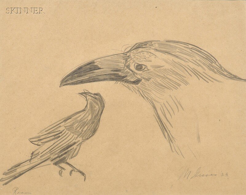 Morris Cole Graves (American, 1910-2001), Raven, S: Morris Cole Graves (American, 1910-2001) Raven Signed and dated "M. Graves '3..." l.r., titled l.l. Graphite on paper, sight size 9 1/2 x 12 in., framed. Condition: Minor toning.