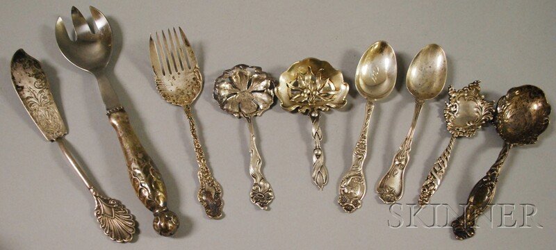 Small Group of Mostly Art Nouveau Sterling Silver Fl: Small Group of Mostly Art Nouveau Sterling Silver Flatware, two small Shiebler spoons or scoops, a Gorham shell-handled butter knife, a Durgin fork, an International spoon, an Unger Brothers teaspoon,