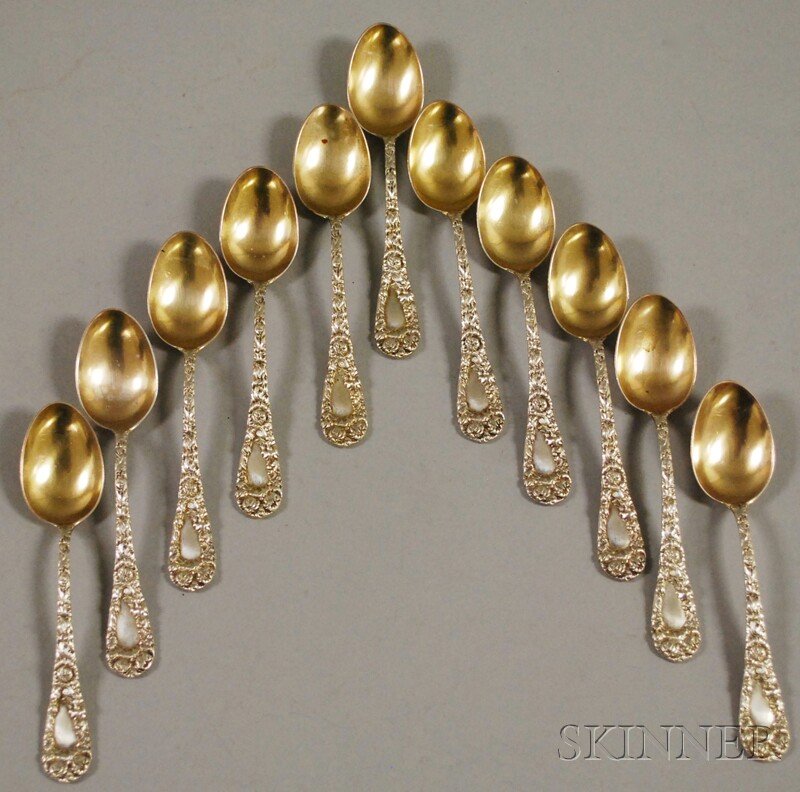 Eleven Durgin "Chrysanthemum" Pattern Sterling Sil: Eleven Durgin "Chrysanthemum" Pattern Sterling Silver Demitasse Spoons, with gold-washed bowls, monogrammed to back of handle, approx. 5.6 troy oz.