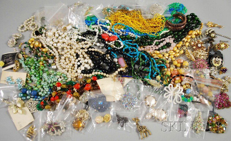 Very Large Group of Costume Jewelry, including bea: Very Large Group of Costume Jewelry, including beaded necklaces, faux pearls, earrings, brooches, rhinestones, some signed pieces, including Bergere, Trifari, Monet, Kramer, J.J., Sarah Coventry, Rich