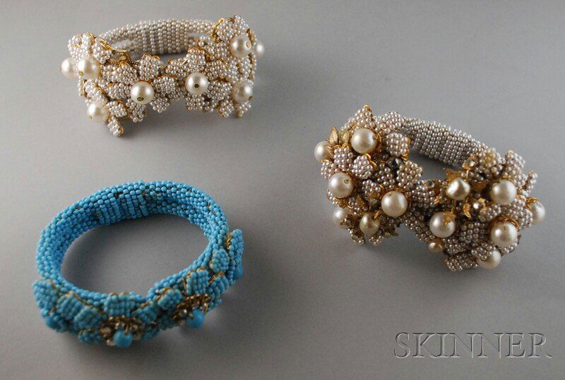 Three Floral Costume Beaded Bracelets, two faux an: Three Floral Costume Beaded Bracelets, two faux and seed pearl and one pale blue bead and rhinestone.