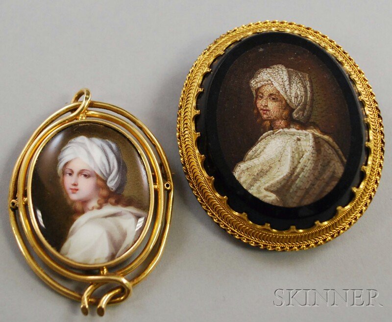 Two Antique Portrait Jewelry Items, a micromosaic: Two Antique Portrait Jewelry Items, a micromosaic brooch/buckle depicting Italian noblewoman Beatrice Cenci in a gilt-metal surround, and an enamel on copper brooch in a gold wirework frame, dia. 2 1/